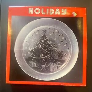 Holiday Clear Glass 13" Platter Embossed Christmas Tree & Presents –Serving Tray